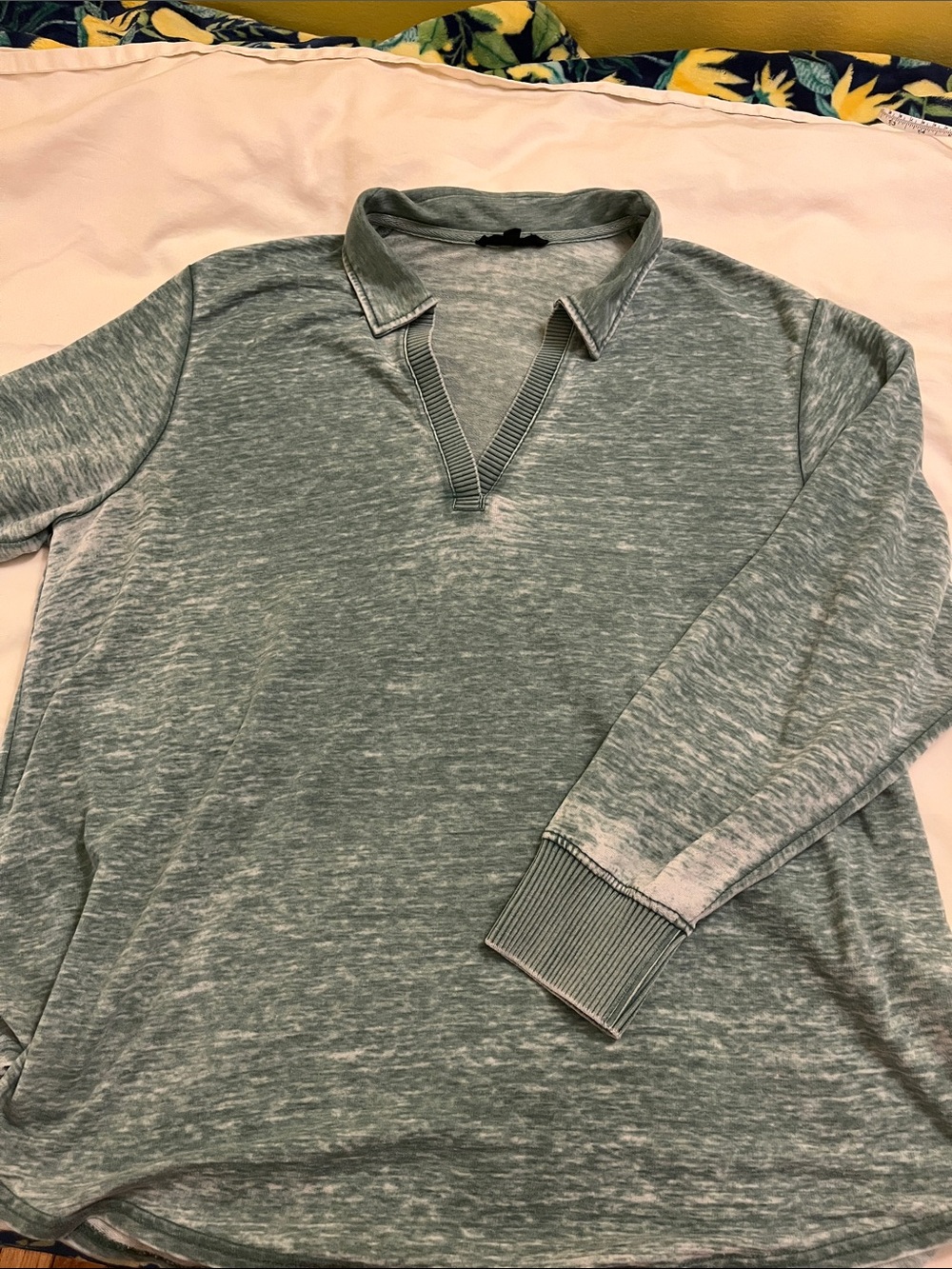 Jane and Delancey Heathered Sage Open V-Neck Long-Sleeve Polo